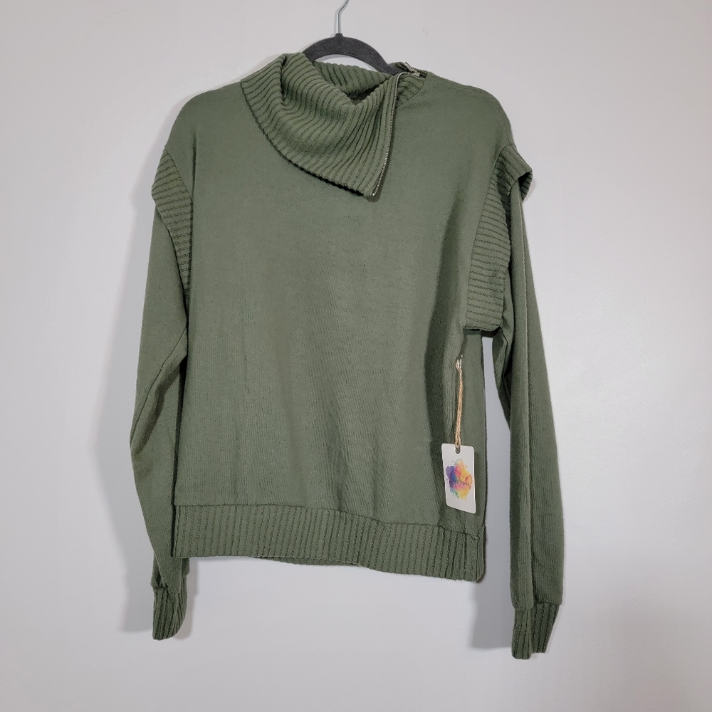 Army Green Foldover Neck Sweater Size Small